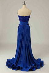 Party Dresses Pink, Royal Blue Mermaid Strapless Sequins Slit Long Prom Dress