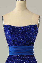 Party Dress Satin, Royal Blue Mermaid Strapless Sequins Slit Long Prom Dress