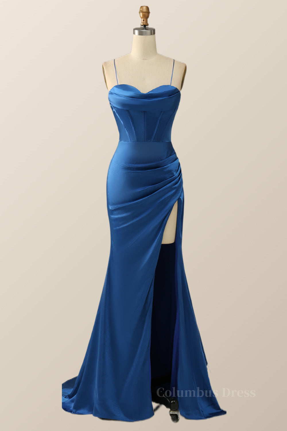 Party Dress A Line, Royal Blue Mermaid Straps Long Dress with Slit