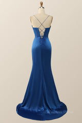 Party Dresses And Tops, Royal Blue Mermaid Straps Long Dress with Slit