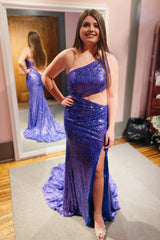 Royal Blue One Shoulder Sequins Prom Dress with Slit