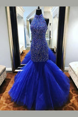 Bridesmaid Dresses 2035, Royal Blue Rhinestones Prom Dress Mermaid Tulle Skirt,Celebrity Dress