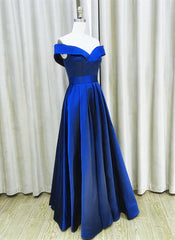 Party Dresses For Over 57S, Royal Blue Satin A-line Simple Off Shoulder Prom Dress, Blue Bridesmaid Dress