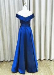 Party Dress For Over 57, Royal Blue Satin A-line Simple Off Shoulder Prom Dress, Blue Bridesmaid Dress