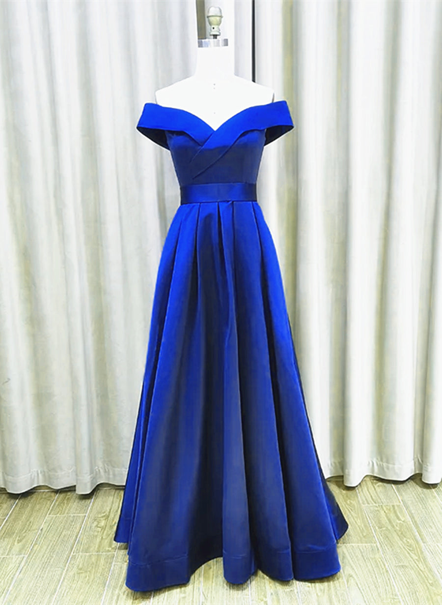 Party Dress Over 57, Royal Blue Satin A-line Simple Off Shoulder Prom Dress, Blue Bridesmaid Dress