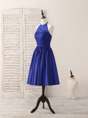 Glam Dress, Royal Blue Satin Beads Short Prom Dress Blue Homecoming Dress