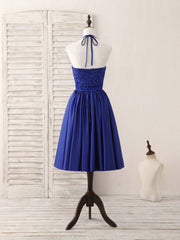 Graduation Outfit, Royal Blue Satin Beads Short Prom Dress Blue Homecoming Dress