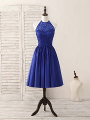 Party Dress Long Sleeve Mini, Royal Blue Satin Beads Short Prom Dress Blue Homecoming Dress