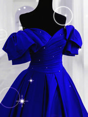 Party Dress Long Sleeve Mini, Royal Blue Satin Long Sweetheart Party Dress, Blue Satin Prom Dress