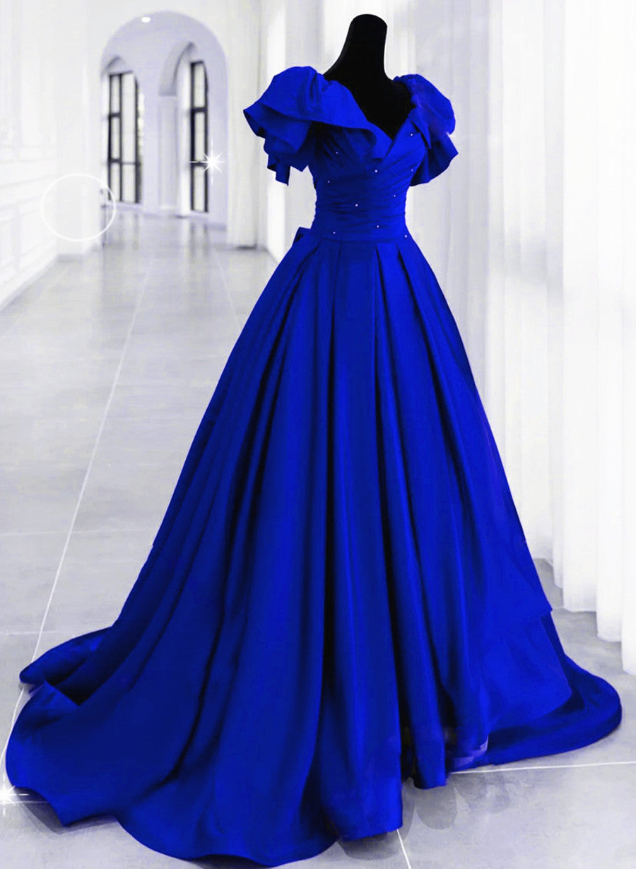 White Prom Dress, Royal Blue Satin Long Sweetheart Party Dress, Blue Satin Prom Dress