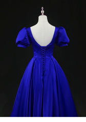 Wedding Dress Sleevs, Royal Blue Satin Tea Length Wedding Party Dress, Blue Prom Homecoming Dress