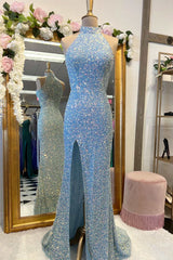 Party Dress Fashion, Royal Blue Sequin Halter Long Formal Dress with Slit Prom Dresses