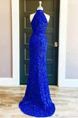 Party Dress Wedding, Royal Blue Sequin Halter Long Formal Dress with Slit Prom Dresses