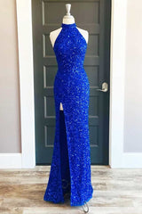 Party Dress Short, Royal Blue Sequin Halter Long Formal Dress with Slit Prom Dresses