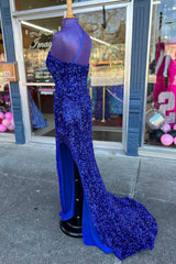 Summer Wedding Color, Royal Blue Sequin One-Shoulder Backless Long Prom Dresses with Slit,Evening Party Dress