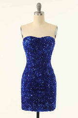 Homecoming Dresses Sparkles, Royal Blue Sequin Strapless Black Mini Homecoming Dress