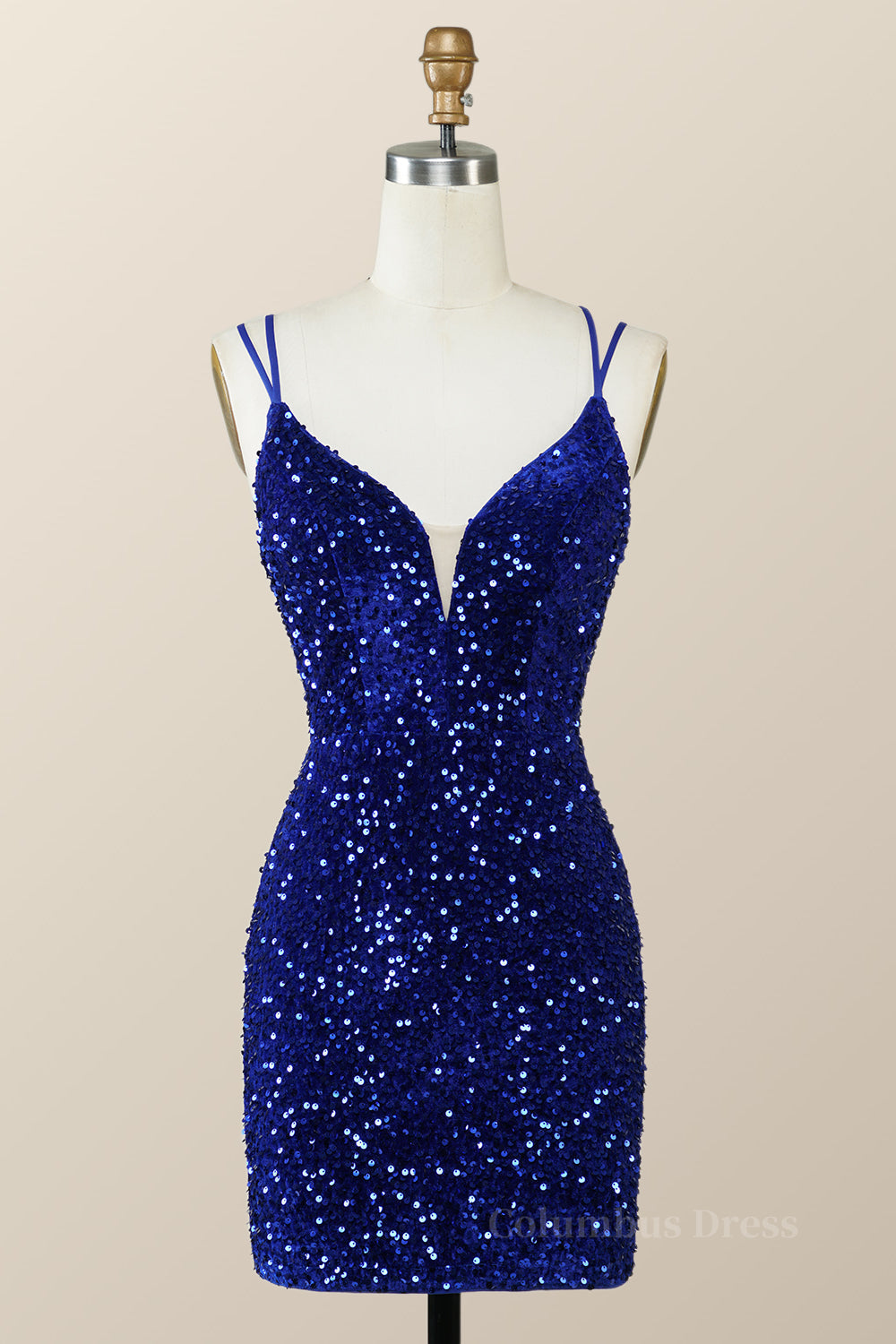 Formal Dresses Outfits, Royal Blue Sequin Tight Mini Dress with Double Straps