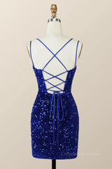 Formal Dress Outfit, Royal Blue Sequin Tight Mini Dress with Double Straps