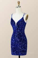 Formal Dressing Style, Royal Blue Sequin Tight Mini Dress with Double Straps