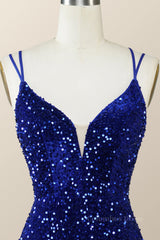 Formal Dress Style, Royal Blue Sequin Tight Mini Dress with Double Straps