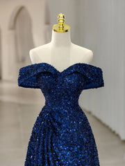 Bridesmaid Dress Lavender, Royal Blue Sequins Long Prom Dress,Off the Shoulder Formal Evening Dresses