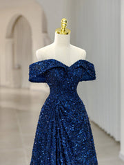 Bridesmaid Dressese Lavender, Royal Blue Sequins Long Prom Dress,Off the Shoulder Formal Evening Dresses