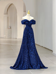 Bridesmaids Dresses Floral, Royal Blue Sequins Long Prom Dress,Off the Shoulder Formal Evening Dresses