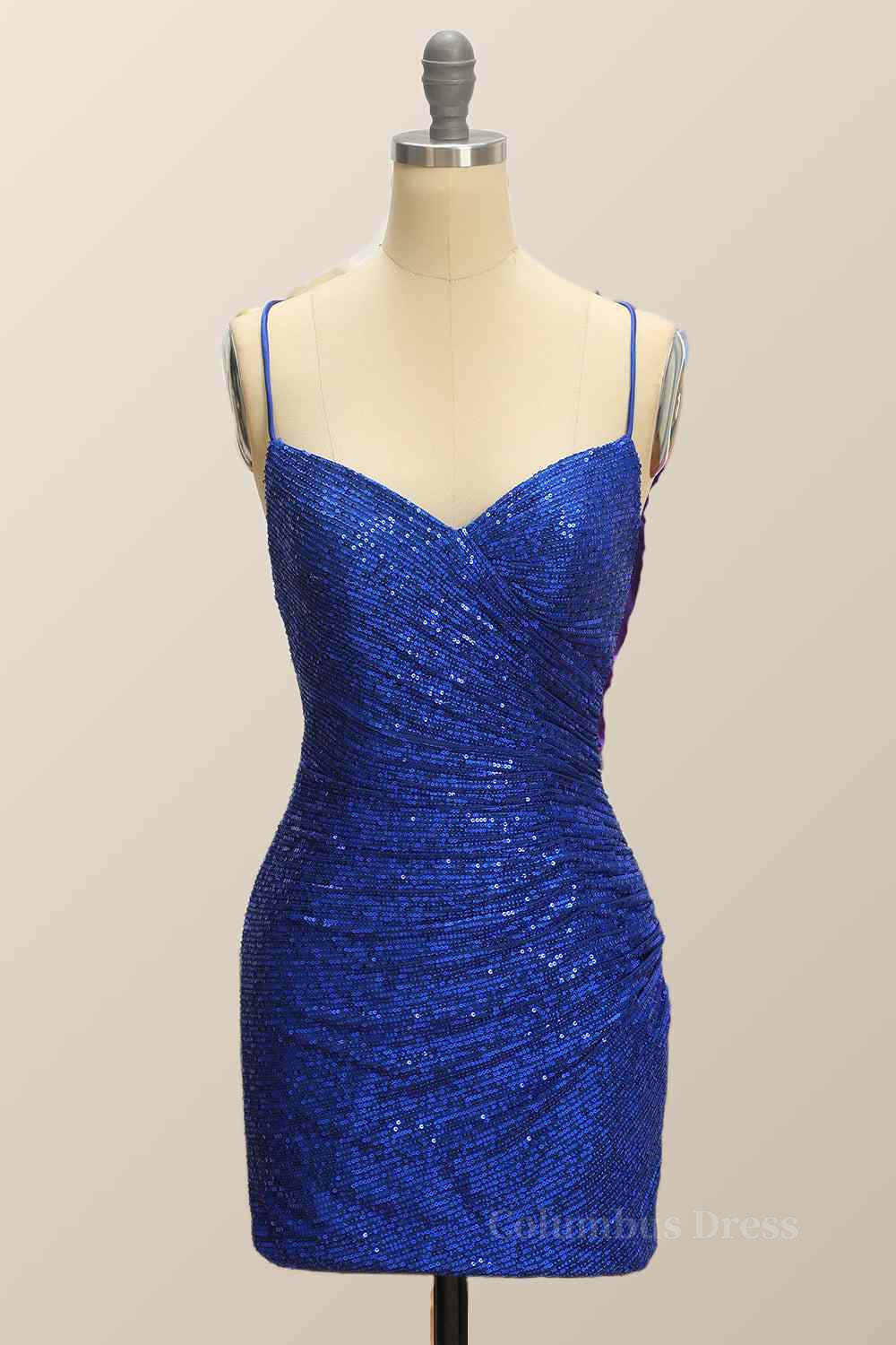 Formal Dress Long Gowns, Royal Blue Sheath Lace-Up Back Pleated Sequins Mini Homecoming Dress