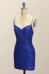 Formal Dresses Long Gowns, Royal Blue Sheath Lace-Up Back Pleated Sequins Mini Homecoming Dress