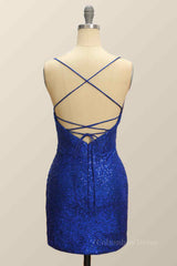 Formal Dress Boutiques Near Me, Royal Blue Sheath Lace-Up Back Pleated Sequins Mini Homecoming Dress