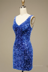 Formal Dress Inspo, Royal Blue Sheath V Neck Straps Back Sequins Mini Homecoming Dress