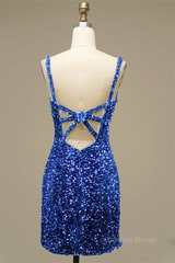 Formal Dresses Graduation, Royal Blue Sheath V Neck Straps Back Sequins Mini Homecoming Dress