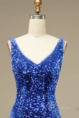 Formal Dresses And Evening Gowns, Royal Blue Sheath V Neck Straps Back Sequins Mini Homecoming Dress