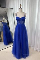 Prom Dresses Long Mermaid, Royal Blue Straps Appliques A-line Tulle Long Prom Dress