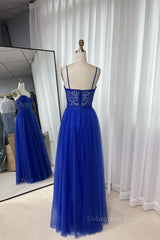 Prom Dress Purple, Royal Blue Straps Appliques A-line Tulle Long Prom Dress