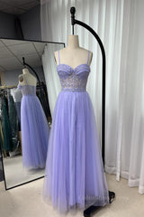 Prom Dresses For Curvy Figure, Royal Blue Straps Appliques A-line Tulle Long Prom Dress