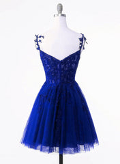 Bridesmaid Dresses Cheap, Royal Blue Tulle with Lace Applique Short Formal Dress, Royal Blue Homecoming Dress