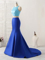 Formal Dressing Style, Royal Blue Two Pieces Satin Long Prom Dress, Blue Evening Dress