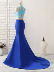 Formal Dress Style, Royal Blue Two Pieces Satin Long Prom Dress, Blue Evening Dress