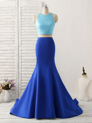 Formal Dress Outfit, Royal Blue Two Pieces Satin Long Prom Dress, Blue Evening Dress