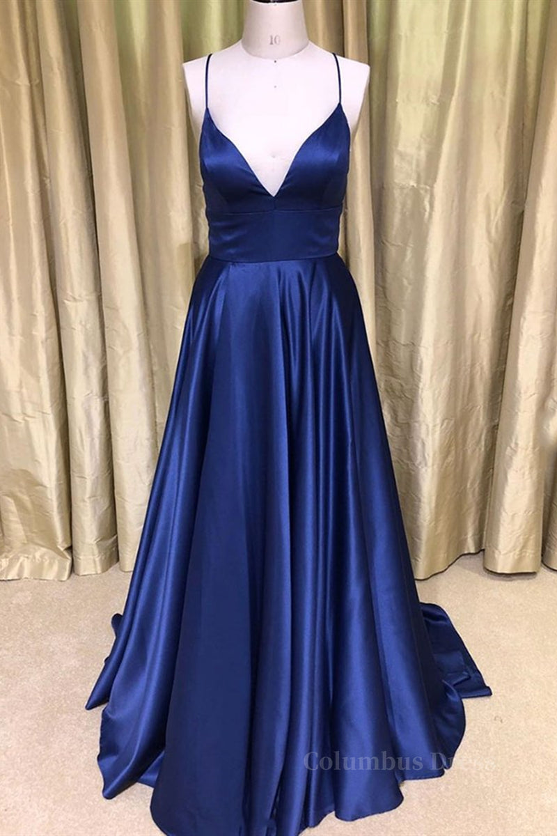 Evening Dresses Open Back, Royal Blue V Neck Backless Satin Long Prom Dresses, Royal Blue Formal Dresses, Backless Royal Blue Evening Dresses