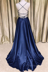 Evening Dresses Elegant Classy, Royal Blue V Neck Backless Satin Long Prom Dresses, Royal Blue Formal Dresses, Backless Royal Blue Evening Dresses