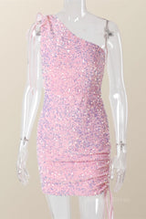 Prom Dresses With Sleeves, Ruched One Shoulder and Hem Pink Sequin Mini Dress