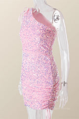 Prom Dresses Blue, Ruched One Shoulder and Hem Pink Sequin Mini Dress
