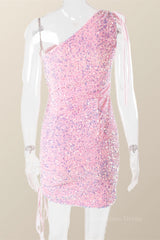 Prom Dresses Fitted, Ruched One Shoulder and Hem Pink Sequin Mini Dress