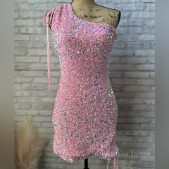 Prom Dress A Line Prom Dress, Ruched One Shoulder and Hem Pink Sequin Mini Dress