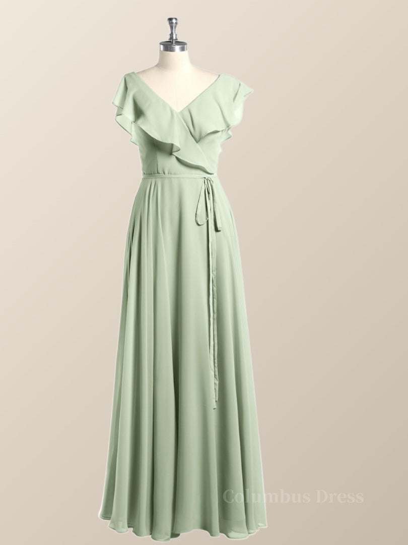 Bridesmaid Dress Designs, Ruffles V Neck Sage Green Chiffon Long Bridesmaid Dress