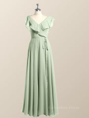 Bridesmaid Dress Designs, Ruffles V Neck Sage Green Chiffon Long Bridesmaid Dress