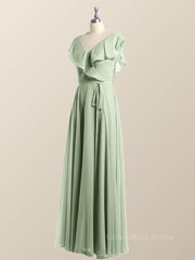 Bridesmaid Dresses Designs, Ruffles V Neck Sage Green Chiffon Long Bridesmaid Dress