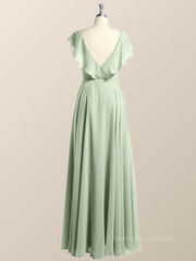 Bridesmaid Dress Designer, Ruffles V Neck Sage Green Chiffon Long Bridesmaid Dress